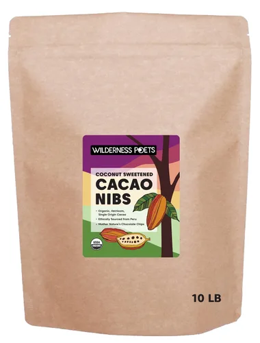 Vista 10 de Wilderness Poets, Plumas de cacao orgánico (endulzadas con néctar de coco) - 100% reliquia peruana (variedad criollo), 8 onzas, 8.01 oz