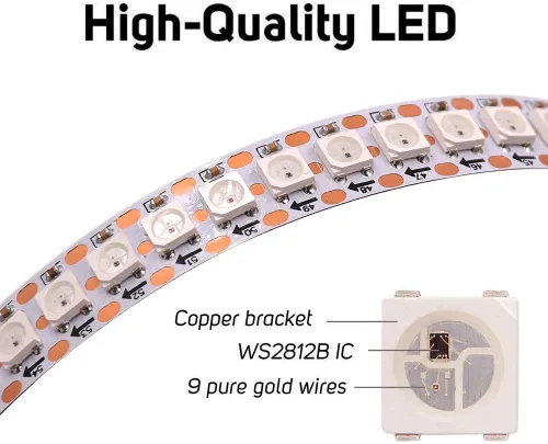 Vista 3 de WS2812B Tira de luz LED direccionable individual SMD 5050 144Pixeles RGB Pixel Strip DC5V (3.2FT 144LEDS no impermeable, PCB negro)