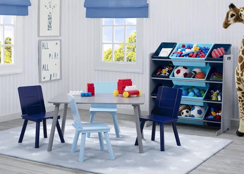 Vista 6 de Delta Children Organizador de almacenamiento de juguetes para niños con 12 contenedores de plástico, certificado Greenguard Gold, gris/azul