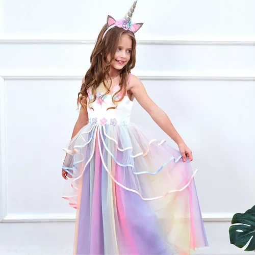 Vista 2 de Vestido de princesa unicornio, para niñas pequeñas, disfraz, joyas y diadema
