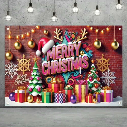 Vista 4 de Cartel de Feliz Navidad de 71 x 43 pulgadas, caja de regalo, adorno de árbol, decoración de fondo de fotografía para fiestas de invierno