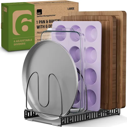 Vista 7 de BetterThingsHome - Soporte organizador de sartenes: se puede extender a 22.25 pulgadas, total 7 compartimentos ajustables.