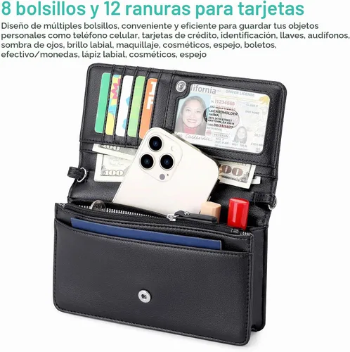 Vista 5 de nuoku - Bolso bandolera pequeño para mujer con ranuras para tarjetas RFID, 2 correas Negro Design
