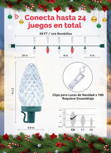 Vista 4 de Luces de Cadena LED de Navidad C9, 68 Pies 100 LED Luces de Techo Strawberry con 100 Clips Todo en Uno, Grado Comercial Impermeable Extensible