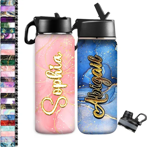 Vista 25 de InterestPrint Botella de agua personalizada para niños de 18 onzas con tapa de pajilla, botella de agua aislada de doble pared de acero inoxidable