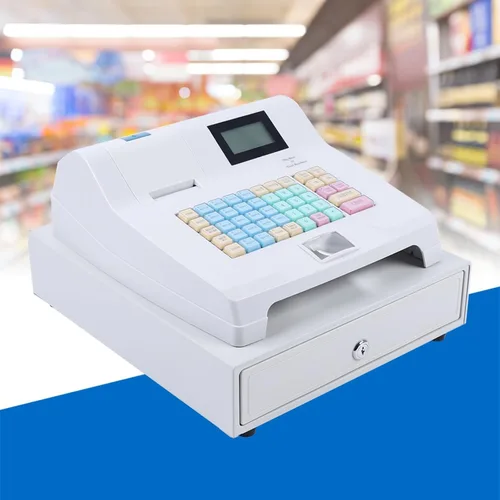 Vista 3 de Caja registradora electrónica con cajón, esquinas redondas, panel frontal de acero inoxidable, cuatro compartimentos con clips para dinero y cinco