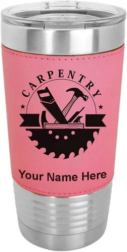 Vista 9 de LaserGram Vaso aislado al vacío de 20 onzas, carpintería, grabado personalizado incluido (piel sintética, estilo béisbol) Engraved Gift for