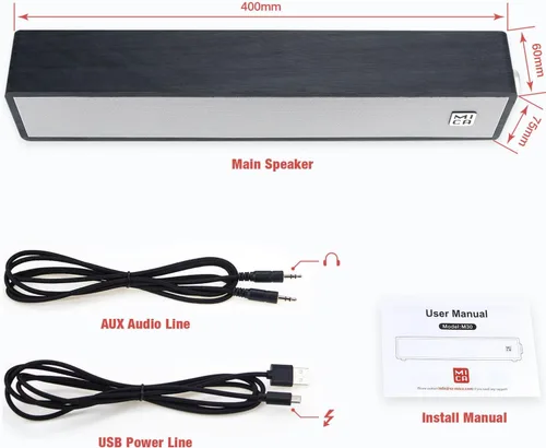 Vista 6 de MICA Altavoces de computadora, barra de sonido de computadora con cable, mini barra de sonido de madera, altavoces de PC alimentados por USB de Negro