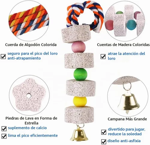 Vista 2 de Unibene Juguete masticable de loro, pico de pájaro con campana, bloque de lava, suplemento de calcio para alimentos para grises africanos, Amazon