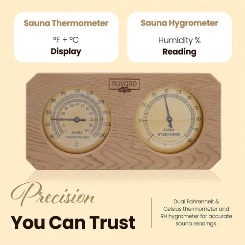 Vista 5 de Termómetro e higrómetro de sauna 2 en 1 - Hecho a mano con madera de cedro rojo canadiense - Medidor analógico de temperatura y humedad - Fahrenheit