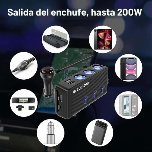 Vista 5 de EUGIZMO 7 en 1 divisor de encendedor de cigarrillos para coche, adaptador de cargador de 3 zócalos 200W