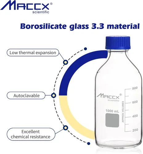 Vista 3 de Botellas redondas de vidrio de 34 onzas (33.8 fl oz), botella de vidrio de borosilicato resistente con tapa de rosca GL45, paquete de 2