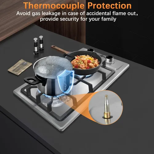 Vista 8 de Cocina de gas de 2 quemadores de propano - Estufa de gas de acero inoxidable de 12 pulgadas para combustible dual LPG/GN, quemador de gas portátil