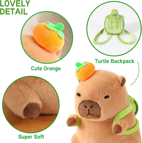Vista 5 de Ditucu Bonita almohada de felpa Capybara naranja con mochila de tortuga, animales de peluche, juguetes de peluche Capibara, regalos para niños