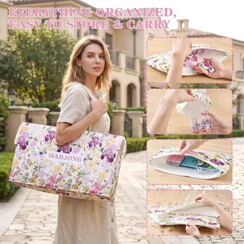 Vista 6 de American Mahjong Set con bolsa de transporte, 166 azulejos y estantes Multicolor