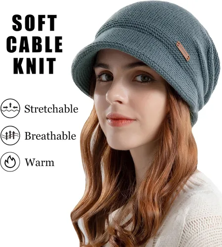 Vista 4 de KMOLY Gorro de punto para mujer con visera para invierno, con forro polar, gorro de nieve con calavera