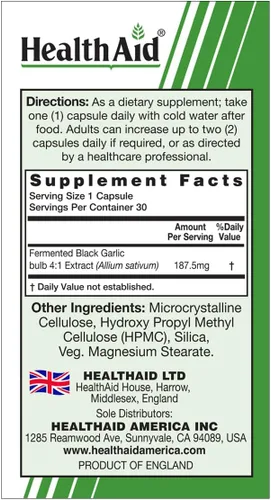 Vista 2 de HEALTHAID Ajo negro, 30 unidades, una vez al día, inodoro, sin regusto, extracto potente, rico en S-alilcisteína, vegano