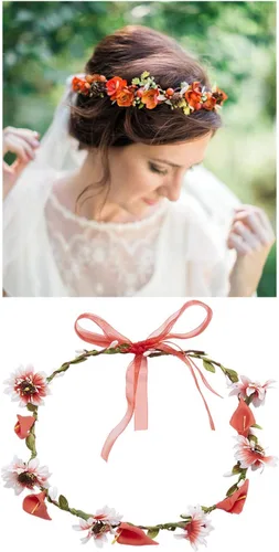 Vista 4 de Lawie Paquete de 8 coronas de flores bohemias, coronas florales con cinta en halo, diademas para boda, novia, dama de honor, tiara, girasol