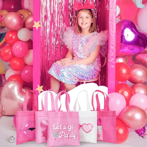Vista 6 de FHzytg 20 bolsas de regalo de fiesta rosa para niñas, bolsas de dulces de princesa rosa intenso, bolsas de regalo, bolsas de regalo para fiestas