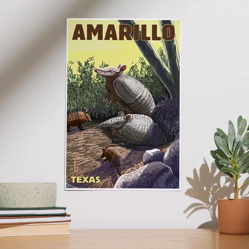 Vista 2 de Lantern Press Amarillo, Texas, Armadillo (impresión artística de 12 x 18 pulgadas, póster de viaje para decoración de pared)
