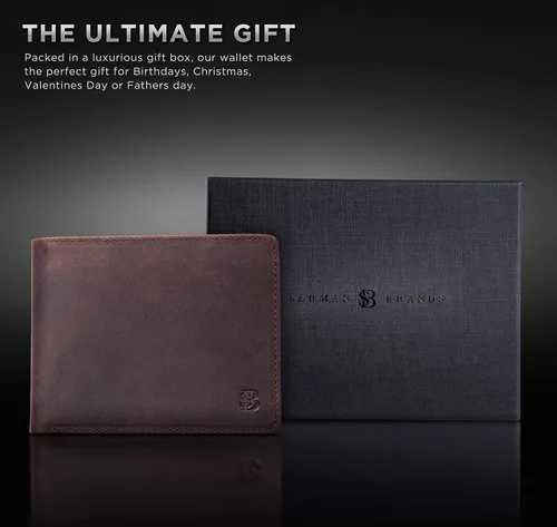 Vista 16 de SERMAN BRANDS Billetera de piel con 2 ventanas de identificación para hombre, con bloqueo RFID, doble tapa superior, billetera de viaje de capacidad
