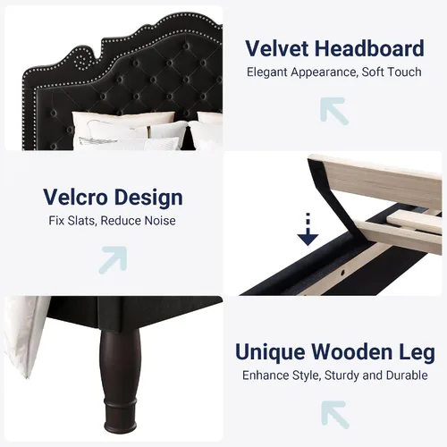 Vista 5 de Allewie Base de cama tamaño completo con cabecero de tiara de terciopelo ajustable, cama plataforma tapizada con botones de diamante capitoné Negro