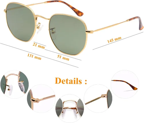 Vista 6 de Lentes de sol hexagonales con lente de cristal retro para hombres y mujeres, marco de metal cuadrado vintage, lentes planas, lentes de sol