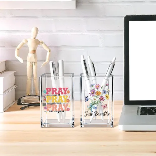 Vista 4 de Just breathe - Paquete de 2 portalápices cosméticos de acrílico tipo vaso, organizador de brochas de maquillaje inspirador Hope, regalos de fe