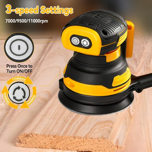 Vista 3 de Lijadora orbital aleatoria inalámbrica apta para batería Dewalt de 20 V, motor sin escobillas de 300 W, 11000 RPM, lijadora de palma de 5 pulgadas