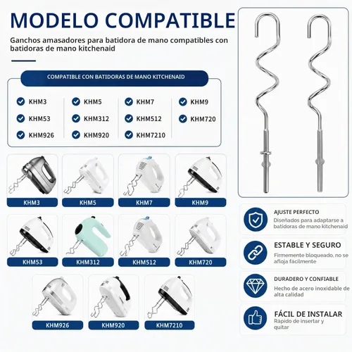 Vista 3 de Ganchos de masa KHM512 para batidora de mano, repuesto compatible con KitchenAid serie KHM/5KSM/KSM/KSMO/KSMH, accesorios de acero inoxidable