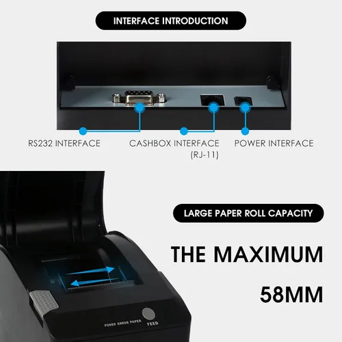 Vista 2 de NUCOUN Impresora de recibos VCP-58PLUS Impresora térmica de recibos POS de 2.283 in, interfaz serie RS-232 y caja de efectivo, conecta el contador