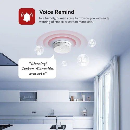 Vista 3 de Combo de detector de humo y monóxido de carbono con alerta de voz, alarma de incendio y CO con luz LED y botón de prueba, verificación automática