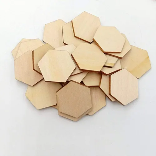 Vista 6 de 50 piezas de madera hexagonales de 1.969 in con forma de madera hexagonal sin terminar, formas recortadas para manualidades, adornos para proyectos