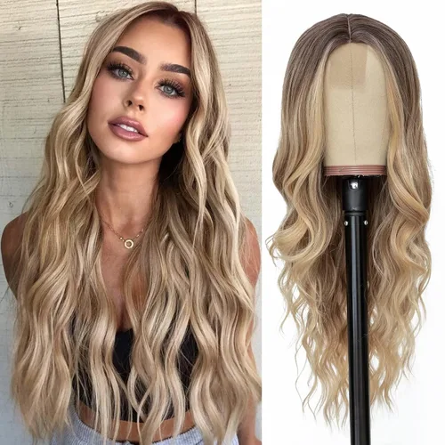 Vista 44 de NAYOO Peluca larga ondulada rubia ombré para mujer, de 26 pulgadas, parte media, rizada, ondulada, de aspecto natural, fibra sintética resistente al
