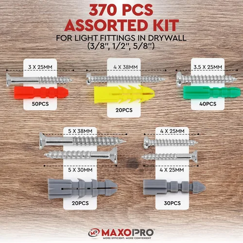 Vista 3 de Kit de anclajes y tornillos para paneles de yeso - Kit de anclajes de pared secos de plástico de 370 piezas - Anclajes de pared y tornillos
