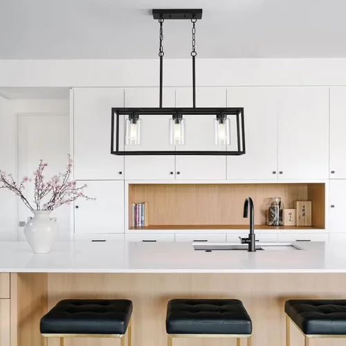 Vista 8 de Lámpara de comedor negra de 3 luces, candelabros modernos de granja, iluminación rectangular lineal para isla de cocina, iluminación colgante