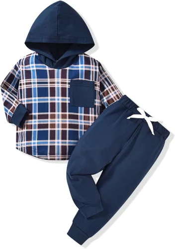 Vista 8 de Conjunto de ropa de niños pequeños con capucha y sudadera a cuadros de manga larga para otoño e invierno Esqueleto negro