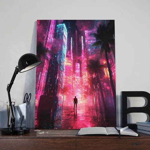 Vista 8 de Vaporwave Aesthetic Poster – Cyberpunk Retro Art Print with Neon City And Palm Trees Decor Poster Print Decorative Painting Canvas Wall Art Living