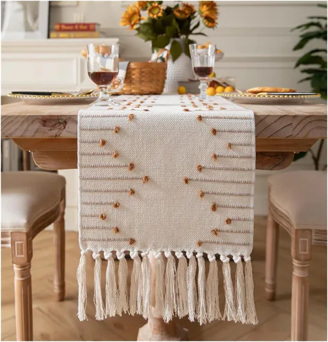 Vista 8 de Camino de mesa bohemio de 13 x 48 pulgadas de largo, tejido de algodón natural con borlas para decoración de mesa de comedor del hogar