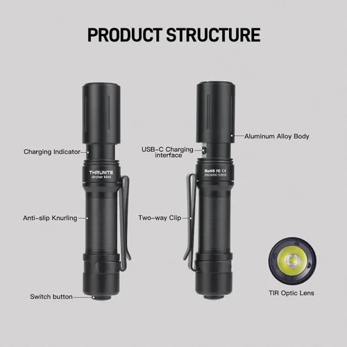 Vista 8 de ThruNite EDC Linterna Archer Mini, linterna LED de 405 lúmenes con interruptor de cola, linterna de bolsillo pequeña recargable USB C para camping
