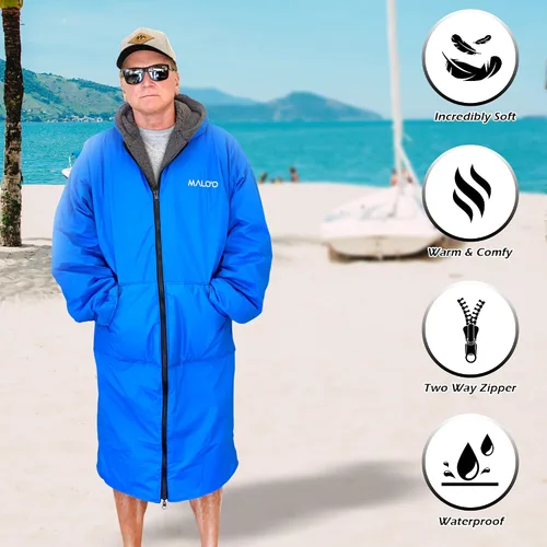 Vista 7 de Malo'o Parka de Surf con Forro Sherpa para Adultos Bata de Cambio, Parka de Natación Impermeable y Resistente al Viento, Bata Seca con Capucha