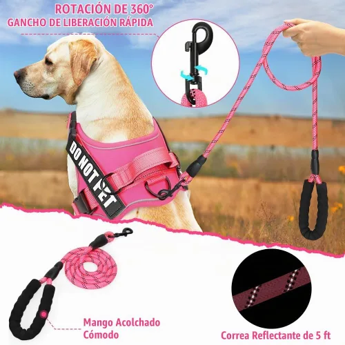 Vista 4 de Juego de Arnés y Correa para Perro, Chaleco Reflectante para Perro de Servicio Animire con 10 Parches, 3 Anillos Chaleco para Mascotas Sin Rosa