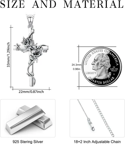 Vista 2 de Cross necklace 925 Sterling Silver Rose Crose Pendant Necklace Cross Necklace for Women (A-Rose Cross Necklace)
