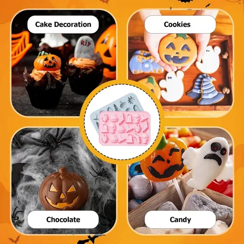 Vista 3 de Molde de silicona de Halloween para chocolate 3D para hornear chocolates, galletas, gomitas de caramelos, calaveras, calabazas, murciélagos