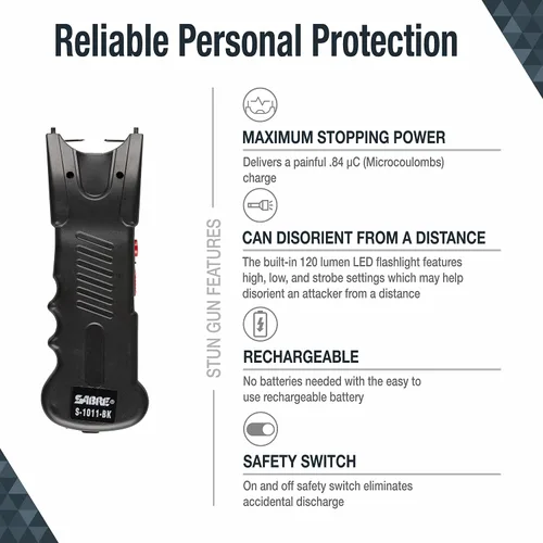 Vista 2 de SABRE - Pistola aturdidora 2 en 1 con linterna y funda para cinturón, carga de 0,84 microcoulombios (µC), linterna de 120 lúmenes, modos de luz