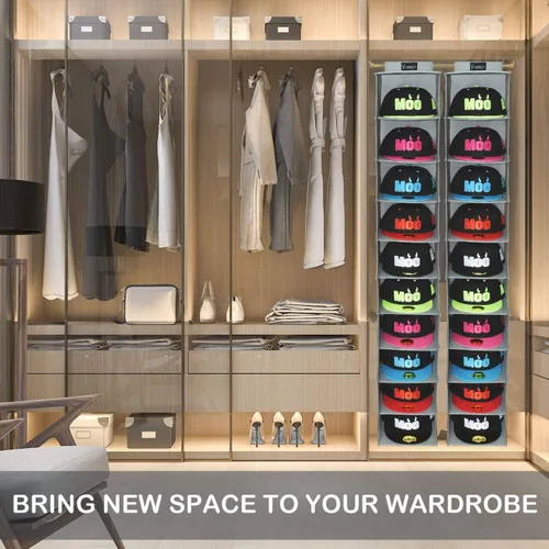 Vista 6 de VAESIDA Estante para Sombreros Colgante de 10 Estantes para Closet/Organizador para Almacenamiento - Mejor Soporte para Gorra de Béisbol, Gris