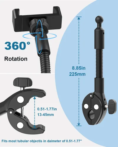 Vista 4 de Soporte de teléfono para bicicleta estática reclinada, se adapta a teléfonos inteligentes de 4 a 7 pulgadas Durable aluminum arm with a secure