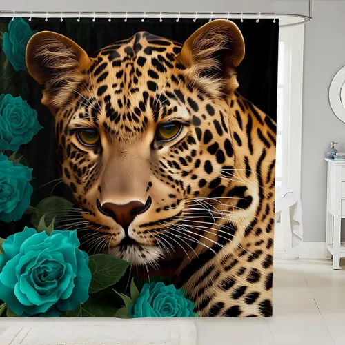 Vista 24 de Cortina de ducha con estampado de leopardo y gato con rosas rojas, 72 pulgadas de ancho x 72 pulgadas de largo, juego de cortina de ducha con flores
