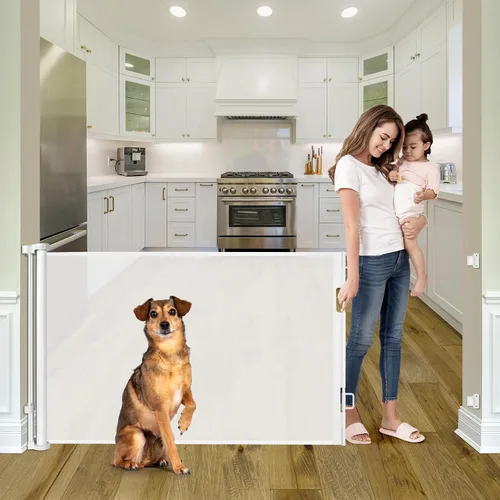 Vista 23 de Puertas retráctiles para bebés para puertas, puerta retráctil para perros de 55 pulgadas de ancho para escaleras, puertas de malla para perros
