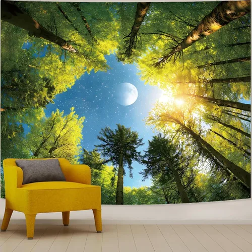 Vista 16 de Apdidl Tapiz estrellado de galaxia forestal para techo de dormitorio, espacio azul, cielo estrellado, luna, estrellas, tapiz estético, telón
